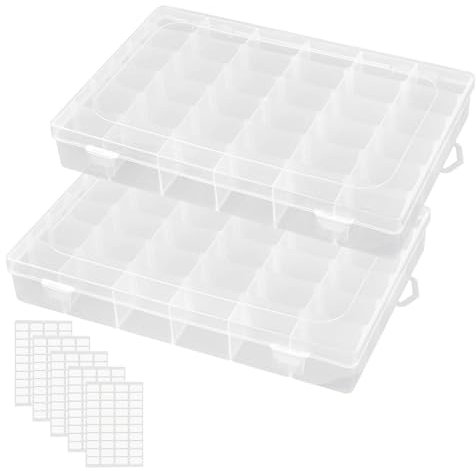 Amusingtao 2 Pcs 36 Grids Clear Stackable Plastic Organiser Storage Box, Jewellery Organiser with Adjustable Dividers, 5 Sheet Label Stickers, for Beads, Art Diy, Crafts, Jewelry