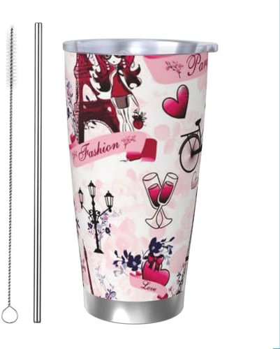 Paris Tour Eiffel France Gobelet en acier inoxydable de 591 ml avec couvercle et paille – Tasse de voyage isotherme à double paroi pour boissons chaudes et froides