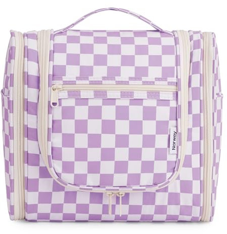 Narwey Kariert Kulturbeutel Damen & Herren - Kulturtasche Zum Aufhängen, Kinder Kosmetiktasche - Waschtasche für Frauen & Mädchen (Lila Kariert (Groß))