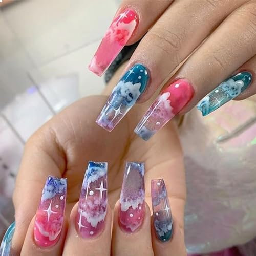 GlamRays Press on Nails Sargform Langer Glanzvolle Voll Abdeckung Akryl Extra Lang Quadratische Falsche Nägel mit Wolkenmustern Designs Künstliche Ballerina Falsche Nägel