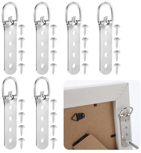 Ymapinc 6 Packs Picture Frame Hooks, D Rings for Picture Hanging with 24 Screws, Picture and Picture Frame Hooks for Hanging, 4 Hole D-Ring Hangers for Photo Frames, Mirrors, Clocks, and Paintings