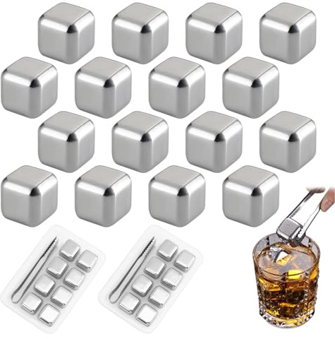 16 Pieces Whiskey Stones Set, Stainless Steel Ice Cubes, Reusable Chilling Rocks for Cooled Beverages Beer Wine Drinks, Ideal for Dad Husband Boyfriend Birthday Party Wedding Gifts