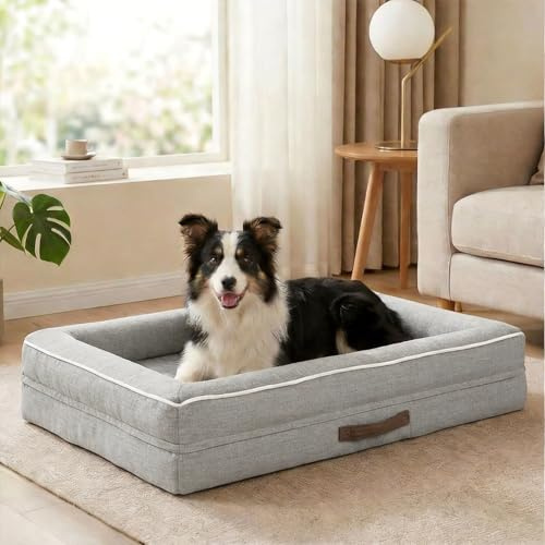 Renvix XL Orthopedic Dog Bed, Waterproof Dog Sofa Bed | with Removable Washable Cover, Soft Egg Foam Pet Bed, Non-Slip Bottom and Four-Sided Bolster Cushion(Light Gray, 117x76x19cm)