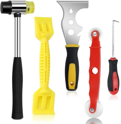 Window Glazing Tool Kit, 5Pcs Glazing Tools with Multi-Functions Rubber Hammer, Red Window Roller, 13-in-1 Steel Scraper, Rubber Strip Shovel and Pick Hook,for Window Door Screen Repair & Installation