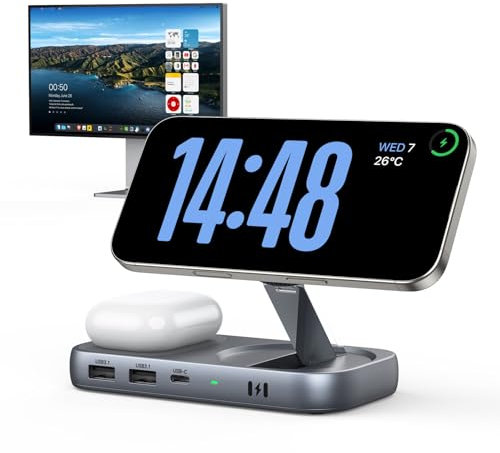 Selore USB C Hub mit kabellosem Laden für MacBook: 4K@60Hz HDMI, 100W PD, 15W Qi2 + 5W Wireless, 10Gbps Ports, iPhone Mirroring Dockingstation & Magsafe Ständer, platzsparender Schreibtisch-Organizer