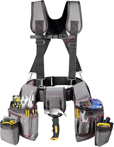 Borsa porta attrezzi con 22 tasche, con bretelle, multifunzionale e regolabile, resistente, adatta per elettricisti, falegnami, edilizia (grigio)