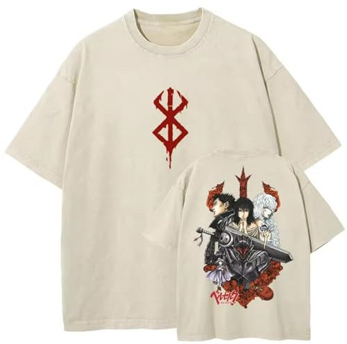 momogut Men Washed T-Shirt Hip Hop Streetwear Anime Berserker Graphic Print Oversize Guts Tshirt Short Sleeve Cotton Loose Vintage Tops