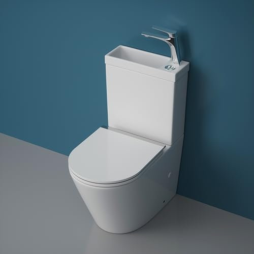 Durovin Bathrooms Close Coupled Two Piece Ceramic Toilet with Sink On Top and tap Right Hand - Rimless WC Pan with Cistern and Soft Close Seat