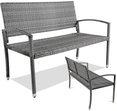 Clevich Gartenbank Rattan Wetterfest, 2 Sitzer Sitzbank, Terrassenbank mit Armlehnen, 320 kg Belastbar Balkon Bank, 122x60x85 cm Gartenmöbel für 2-3 Personen, für Innen- und Außenbereich, Grau