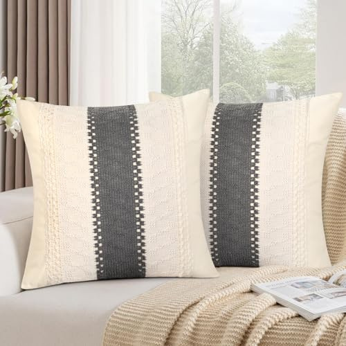 2er Set Kissenbezug 50x50 Baumwolle in Beige mit Grau Leinen-Netz-Muster, Groß Sofa Kissenbezüge Boho Deko Kissenhüllen Cozy Deko Wohnzimmer, Kissenhülle für Home Wohnaccessoires Couch Bett Decor