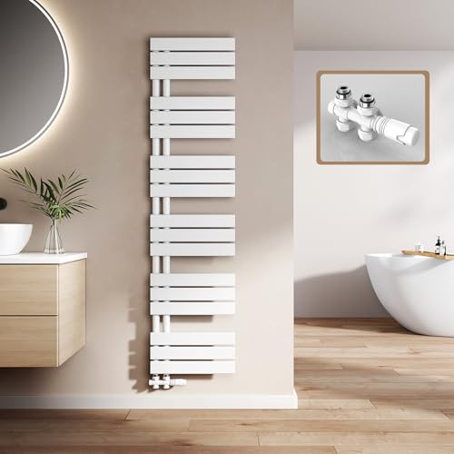 EMKE Badheizkörper mit Multiblock 1599x400 mm, Flach Handtuchheizkörper mit Seitenanschluss, Effizienter Handtuchwärmer Handtuchtrockner Heizkörper für Bad, Weiß, 684W
