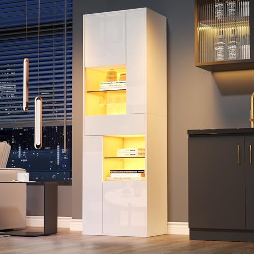 Ligterra 55 * 38 * 170 cm Vitrinenschrank, Wohnzimmer Schrank mit 1 Schublade und 4 Schränken, Glasvitrine mit LED-Beleuchtung, Vitrine Mit Hochglanz-Design für Wohnzimmer/Schlafzimmer(Weiß)