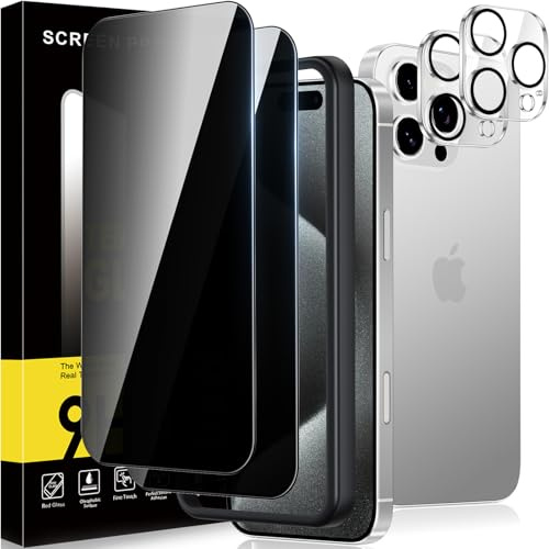 Rainway for iPhone 15 Pro max Screen Protector Privacy, 2+2 Pack Anti-Spy Tempered Glass films+Camera Lens Protector, Anti-Glare, Anti-Fingerprint, 9H Tempered Glass Film with Easy Installation Tool