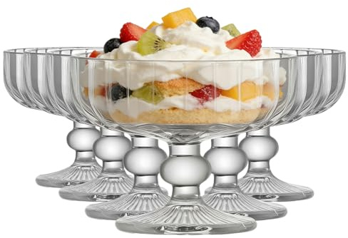 Aulivra Glass Dessert Bowls Set of 6, 320ml Footed Ice Cream Bowls, Clear Sundae Dishes for Trifle, Pudding, Fruit, Parfait and Prawn Cocktail