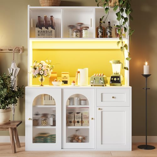 Lumivortex Küchenschrank Hoch mit Glasschiebetüren, Küchenbuffet Buffetschrank 120 x 35 x 167 cm, Hochschrank Küche mit LED-Beleuchtung, Küchenvitrine mit Verstellbare Einlegeböden (Weiß)