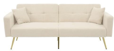 dowowdo Zweisitzer Schlafsofa in Beige, Sofa Couch mit Ausziehbett, hochdichter Schaum & goldene Beine