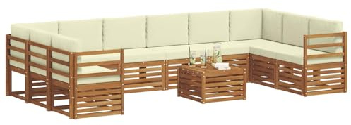 vidaXL Sofagarnituren 11 pcs Natur und Creme Massivholz Akazie, Gartenlounge, modernes Outdoorsofa, sicheres Sitzset, gemütliche Terrassenmöbel
