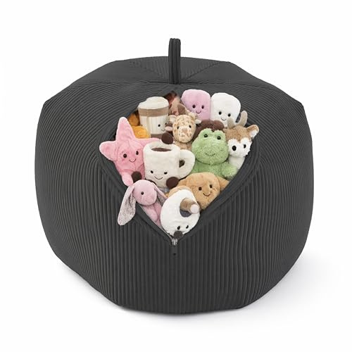 POKAR Sitzsack Kinder Bezug 85x85x50 cm | Cordstoff Bezug für Stofftiere und Plüschtiere | Spielzeug Kuscheltier Aufbewahrung für Kinderzimmer | Oeko-Tex | Made in EU | Farbe: Nächtlicher Kiesel