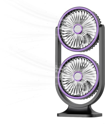 PYOCRD Desktop Cooling Fan, USB Rechargeable Portable Fan with Adjustable Night Light & 5 Wind Speeds, 360° Flip Dual Fan Head, Low Noise Small Fan for Home Dorm Outdoor (Graulila, Medium)