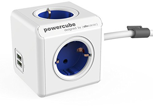 allocacoc PowerCube DuoUSB Extended Blau EU, 4 fach Steckdosenverteiler mit 2,1 A USB Ladestrom, Weiß Blau