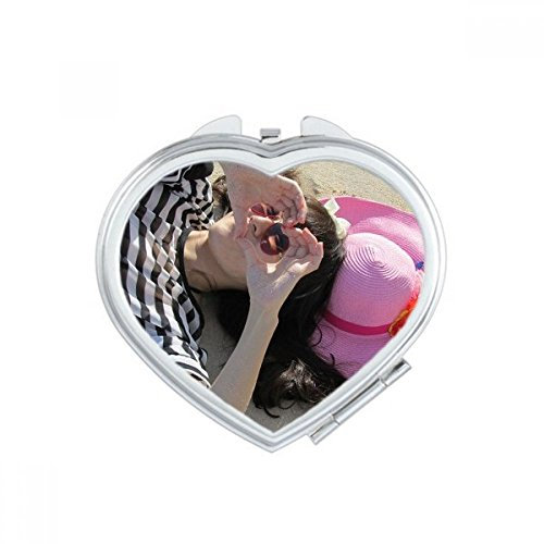 Ellie Yao Beautiflu Fille Cœur Plage Soleil Rose Chapeau Coeur Miroir de Maquillage Portable Mignon Poche Miroirs Cadeau