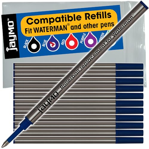 Jaymo Replacement for Waterman 540961 - Measures 4.3 in / 109 mm Long - Rollerball Pen Refill - 12 Blue