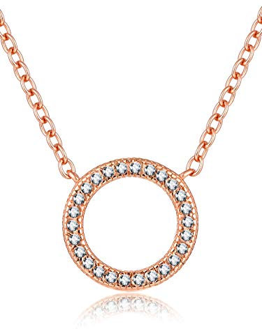 Presentski Damen Kette Rosegold-Halskette 925 Silber mit Anhänger Kreis Geometrie Zirkonia weiß 45cm|Zarte Kette Runder Anhänger
