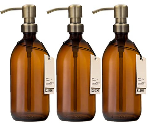Kuishi, Ensemble de Trois Bouteilles en Verre Brun ambré de 500 ML avec Pompe dorée en Acier Inoxydable, Distributeur de Savon Rechargeable respectueux de l'environnement, décoration élégante