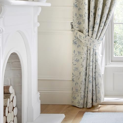 Curtina - Natural White Floral & Bird Curtain Tie Backs - Duck Egg Blue Bird Curtain Tiebacks - Vintage Curtains Holdbacks - Ivory Cream Floral/Botanical Curtains Holdbacks