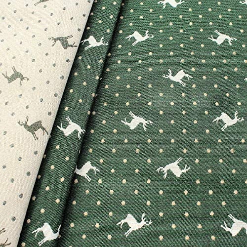 Jacquard Dekostoff Doubleface Stoff Hirsche & Punkte Meterware Farbe Grün-Beige