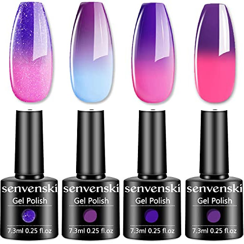 Senvenski Colour Changing Gel Nail Polish Kit, UV/LED Thermal Temperature Nail Art Set with Purple Red Pink Peach Glitter Colours | Manicure Gift Kit for Women, Professional Salon Home Use (WB010)
