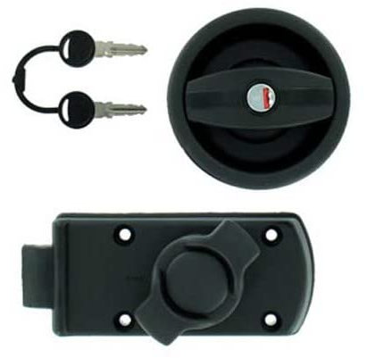 Serrure Noire à Bouton pour Porte de Caravane avec Ouverture à Gauche + Barillet & clés