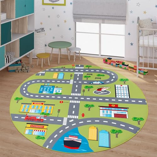 TT Home Kinder-Teppich, Spielteppich Für Kinderzimmer Mit Straßen-Muster Und Autos, Grün, Größe:Ø 200 cm Rund