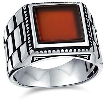 Retro-Band Stil Geätzte Band Rote Achat Quadratische Siegelring Für Männer Schwer .925 Sterling Silber Handgefertigt In Der Türkei