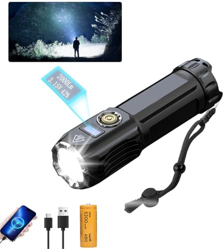SuperFire 2000 Lumen LED Taschenlampe mit Powerbank & Digital display | 5200mAh USB-C Akku, IP44 Wasserdicht | 6 Helligkeitsstufen inkl. SOS/Strobe | Kompakt & Tragbar für Camping, Outdoor & Notfall