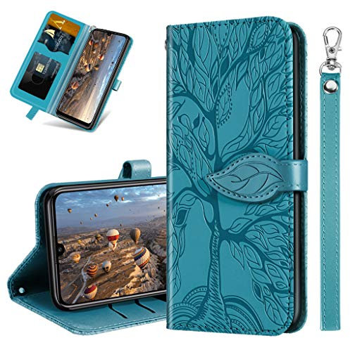 MRSTER Premium Leather Flip Wallet Case for Huawei Y6 2019 - Protective Cover, RX2 Tree Blue