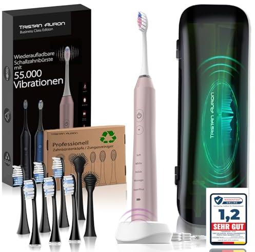 Tristan Auron Schallzahnbürste - 55.000 Schwingungen - 5 Modi - 60 Tage Akku + inkl. Etui mit UV Desinfektion + 6 Ersatzbürste und 2 Zungenreiniger - Business Class pink