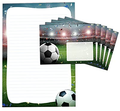 JuNa-Experten Briefpapier-Set für Kinder Fußball – Liniertes Briefpapier A4 mit 25 Blättern und 15 Umschlägen für Jungen und Jungs