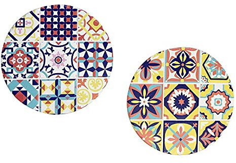 Set 2 Dessous de Plat Ronds, Motifs Colorés Carreaux de ciment, L 18 cm