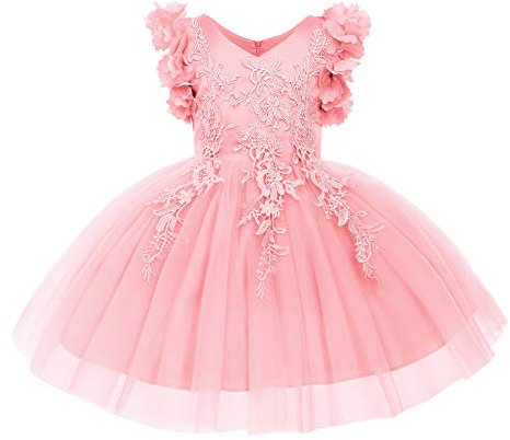 IWEMEK Robe Fille Mariage Princesse sans Manche avec 3D Fleur Dentelle Broderie Tutu Tulle Courte Petite Enfant Demoiselle d'honneur Soirée Anniversaire Fête Baptême Bal Cérémonie Rose 5-6 Ans