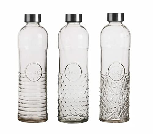 Housetronics Glass Water Bottles 1 Litre-3 Pack Bpa-Free Embossed Clear Water Bottle Glass With Airtight, Leakproof, Stainless Steel Lids-1 Liter Glas Bottles With Lids-Glas Water Bottle For Fridge