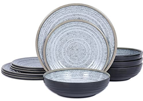 Melamin-Geschirr-Set, 12-teilig, Service für 4 Teller und Schüsseln, spülmaschinenfest, BPA-frei, für den täglichen Gebrauch, Granitmuster, schwarze Rückseite