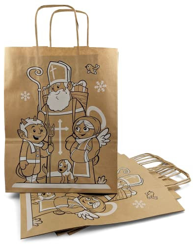 Netuno 5 Geschenktüten Weihnachten 22cm x 28 cm x 10 cm Weihnachts- Kraft-Papier-Tüten mit Henkel für Weihnachtsgeschenke Geschenkbeutel Geschenktaschen Papiertaschen Papiertragetaschen Weihnachten
