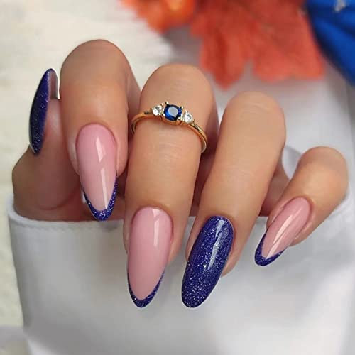 JUSTOTRY 24 Pcs Glitter Short False Nails Almond,Navy Blue French Press on Nails Pattern,Nude Fake Nail Short,Stiletto Stick on Nail for Women,Nails Fake Nail Medium for Nail Art