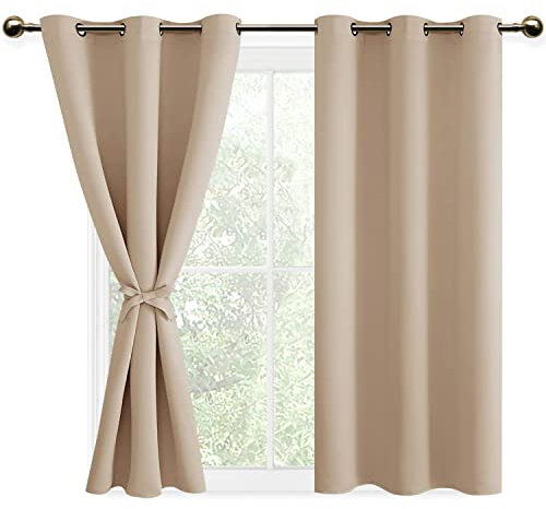 DWCN Beige Blackout Curtains with Tiebacks for Bedroom Thermal Insulated Solid Eyelet Curtains for Living Room,2 Panels,46 Wide x 54 Drop
