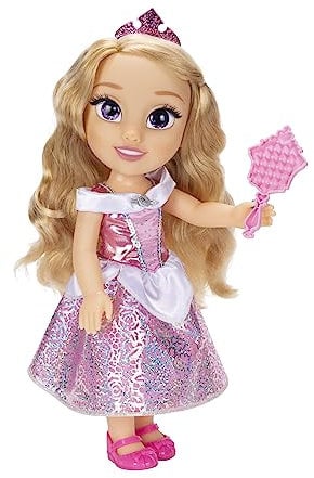 Disney Princess Aurora Puppe 35cm, reflektierende Glitzeraugen, bewegliche Gelenke, ausziehbares Kleid, Schuhe, Krone, langes Blondes Haar, für Mädchen ab 3 Jahren