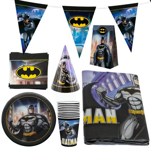 Party Factory `Batman´ XXL-Set, 10 Becher, 10 Teller, 20 Servietten, 1 Tischdecke, 1 Wimpelkette, 10 Partyhüte und 10 Partytüten