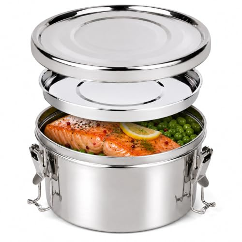 TIENDA EURASIA - Fiambrera Acero Inoxidable Redonda, Lleva 2 Platos Incluidos, Porta Comida y Frutas, Fiambrera Cómoda para Viajes en Coche, Fácil para Llevar los Alimentos (18 cm)