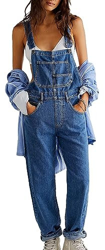 Loalirando Tuta Lunga in Denim da Donna Salopette Donna Denim Monopezzi da Donna Eleganti Pantaloni Larghi Jeans Tuta Casual (Blu, L)