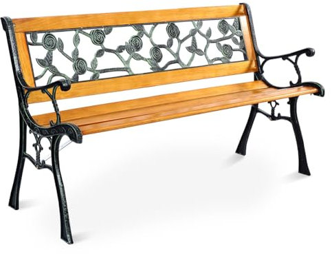 COSTWAY 3-Seater Garden Bench, Solid Wood Slatted Seat Loveseat Park Bench with Rose Pattern, All-Weather Outdoor Furniture Leisure Seating Patio Chair for Balcony, Porch, Backyard (Flat Back)